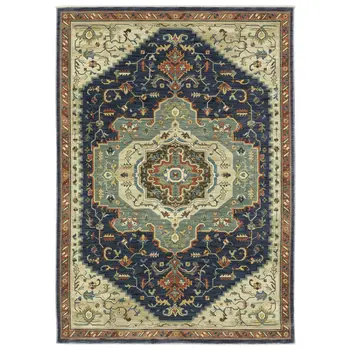 2' X 3' Blue Ivory And Orange Oriental Area Rug With Fringe