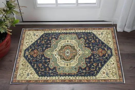 2' X 3' Blue Ivory And Orange Oriental Area Rug With Fringe