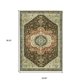 2' X 3' Brown And Orange Oriental Area Rug With Fringe