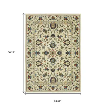 2' X 3' Ivory Blue And Orange Oriental Area Rug With Fringe