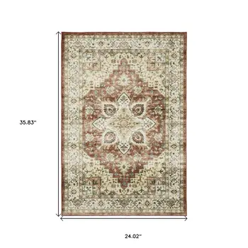 2' X 3' Red And Ivory Oriental Distressed Area Rug