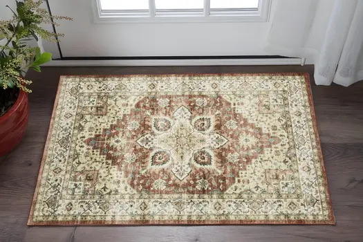 2' X 3' Red And Ivory Oriental Distressed Area Rug