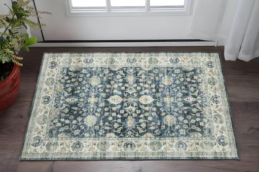 2' X 3' Blue And Ivory Oriental Distressed Area Rug