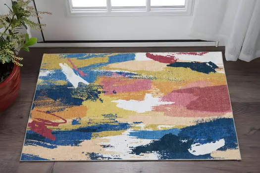 2' X 3' Blue And Gold Abstract Distressed Area Rug