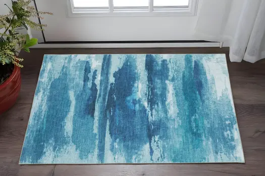 2' X 3' Sky Blue And Ivory Abstract Distressed Area Rug