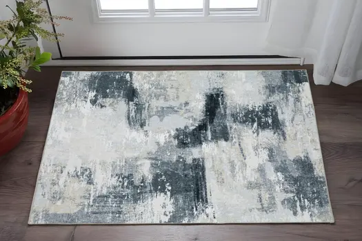 2' X 3' Ivory And Gray Abstract Distressed Area Rug