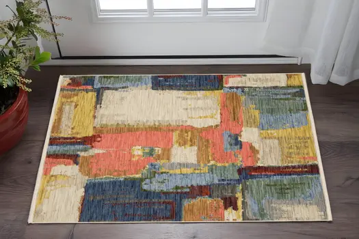 2' X 3' Pink Blue And Yellow Abstract Area Rug With Fringe