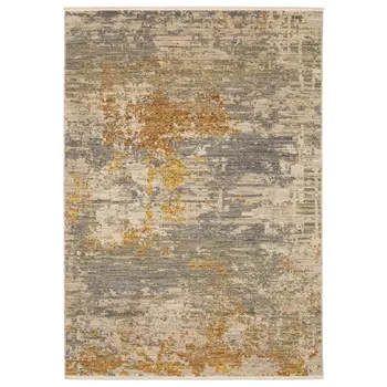2' X 3' Beige And Gold Abstract Area Rug With Fringe