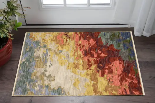 2' X 3' Beige Red And Yellow Abstract Area Rug With Fringe