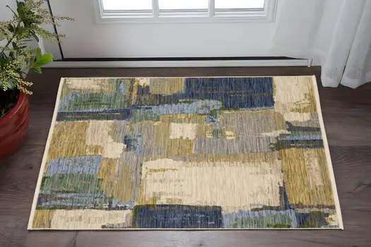 2' X 3' Blue And Green Abstract Area Rug With Fringe