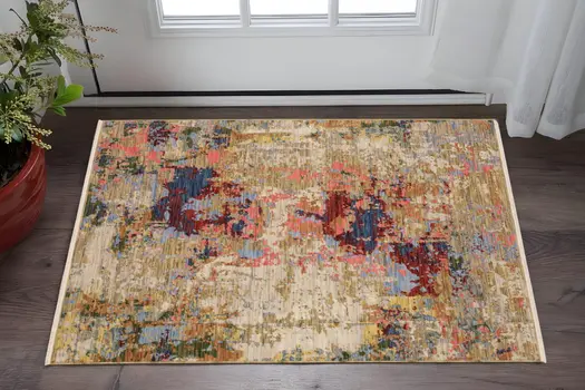 2' X 3' Beige Red And Blue Abstract Area Rug With Fringe