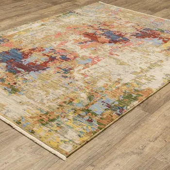 2' X 3' Beige Red And Blue Abstract Area Rug With Fringe