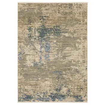 2' X 3' Beige And Blue Abstract Area Rug With Fringe