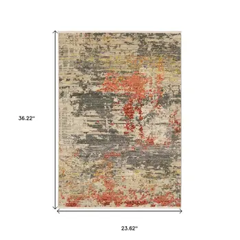 2' X 3' Beige And Pink Abstract Area Rug With Fringe