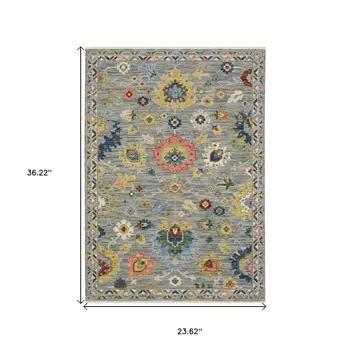 2' X 3' Gray Blue And Yellow Oriental Area Rug With Fringe
