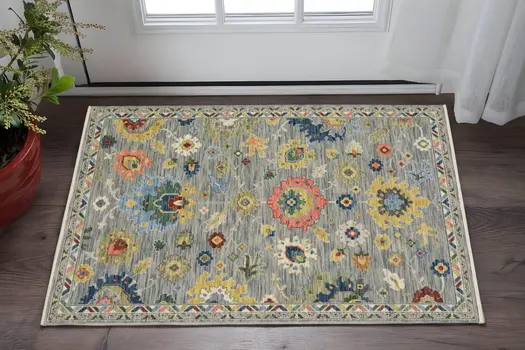 2' X 3' Gray Blue And Yellow Oriental Area Rug With Fringe