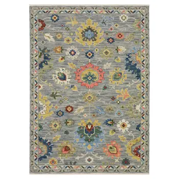 2' X 3' Gray Blue And Yellow Oriental Area Rug With Fringe