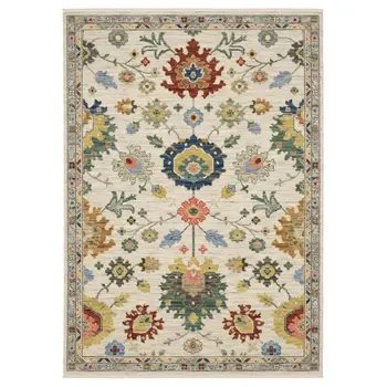 2' X 3' Ivory Red And Blue Oriental Area Rug With Fringe