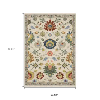2' X 3' Ivory Red And Blue Oriental Area Rug With Fringe