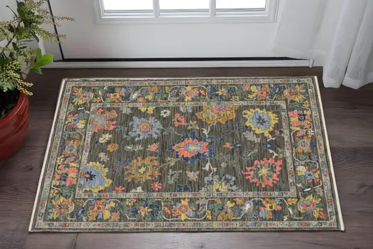 2' X 3' Gray Yellow And Blue Oriental Area Rug With Fringe