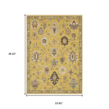 2' X 3' Yellow Ivory And Black Oriental Area Rug With Fringe