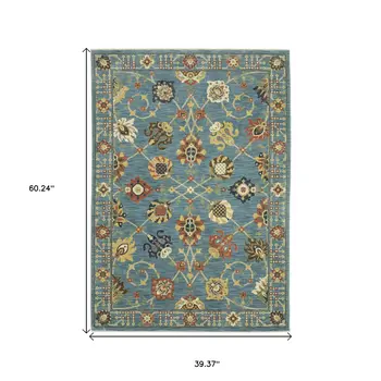 3' X 5' Blue Yellow And Dark Orange Oriental Area Rug With Fringe