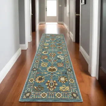 8' Blue Yellow And Dark Orange Oriental Runner Rug With Fringe