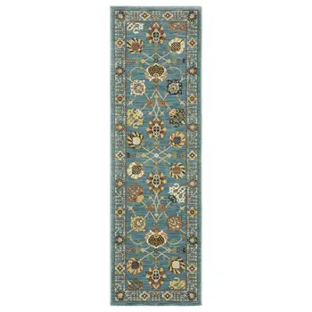 8' Blue Yellow And Dark Orange Oriental Runner Rug With Fringe