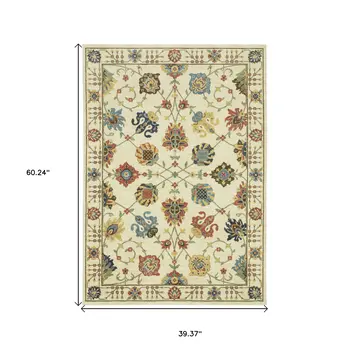 3' X 5' Ivory Yellow And Dark Orange Oriental Area Rug With Fringe