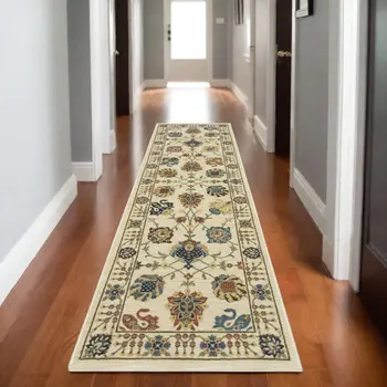 8' Ivory Yellow And Dark Orange Oriental Runner Rug With Fringe