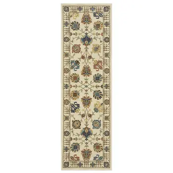 8' Ivory Yellow And Dark Orange Oriental Runner Rug With Fringe