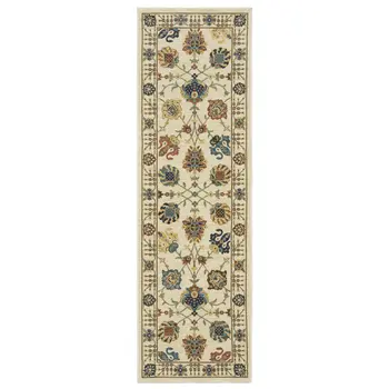 8' Ivory Yellow And Dark Orange Oriental Runner Rug With Fringe
