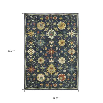 3' X 5' Blue And Gold Oriental Area Rug With Fringe
