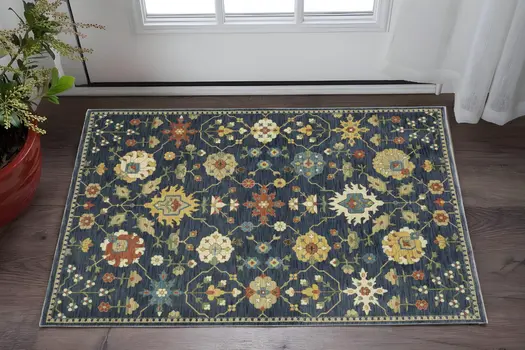 3' X 5' Blue And Gold Oriental Area Rug With Fringe