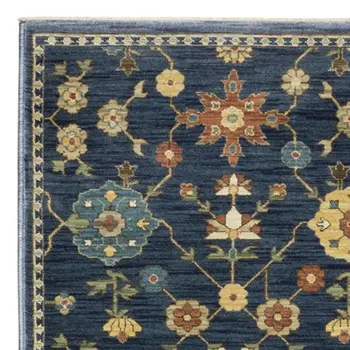 8' Blue And Gold Oriental Runner Rug With Fringe