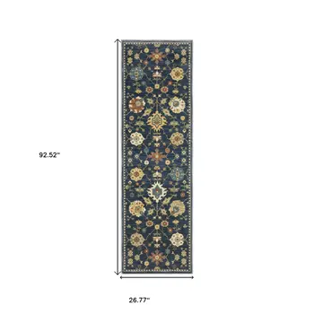 8' Blue And Gold Oriental Runner Rug With Fringe