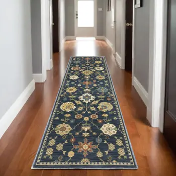 8' Blue And Gold Oriental Runner Rug With Fringe