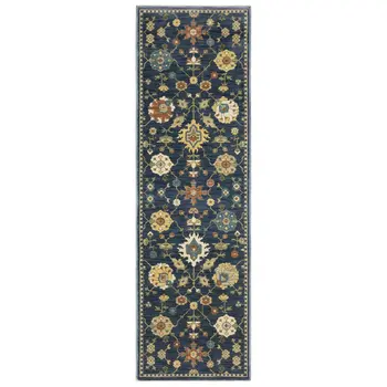 8' Blue And Gold Oriental Runner Rug With Fringe
