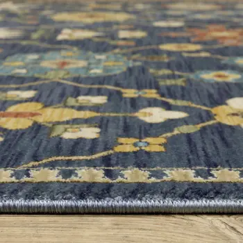 8' Blue And Gold Oriental Runner Rug With Fringe