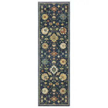 8' Blue And Gold Oriental Runner Rug With Fringe