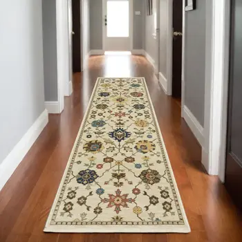 8' Ivory And Gold Oriental Runner Rug With Fringe