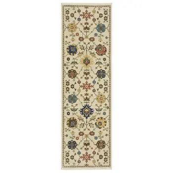 8' Ivory And Gold Oriental Runner Rug With Fringe