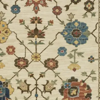 8' Ivory And Gold Oriental Runner Rug With Fringe