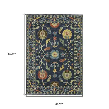 3' X 5' Blue And Gold Oriental Area Rug With Fringe