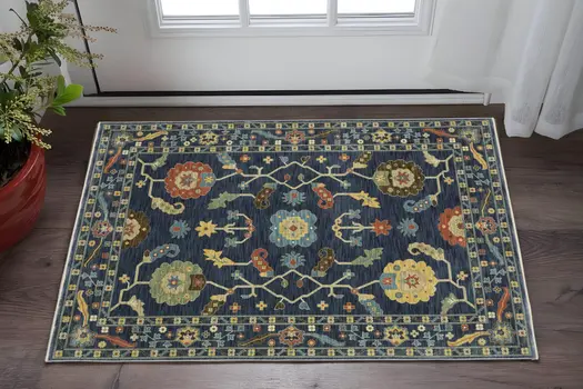 3' X 5' Blue And Gold Oriental Area Rug With Fringe