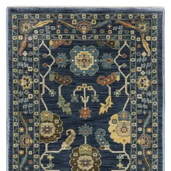 8' Blue And Gold Oriental Runner Rug With Fringe