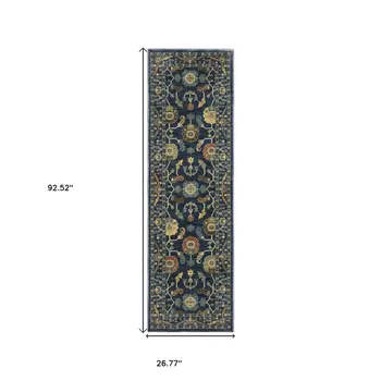 8' Blue And Gold Oriental Runner Rug With Fringe