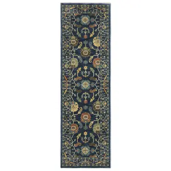 8' Blue And Gold Oriental Runner Rug With Fringe