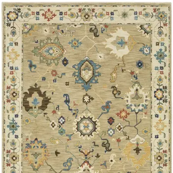 3' X 5' Beige Dark Orange And Blue Oriental Area Rug With Fringe