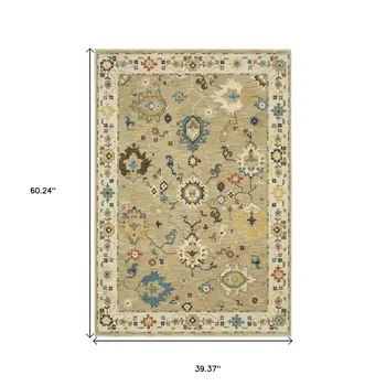 3' X 5' Beige Dark Orange And Blue Oriental Area Rug With Fringe
